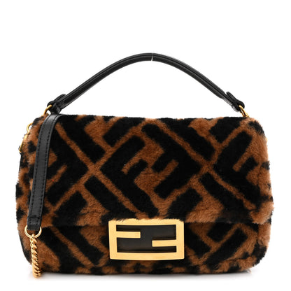 Fendi Shearling Vitello Dolce Macro FF 1974 Mini Baguette Tobacco Black 1 of 10