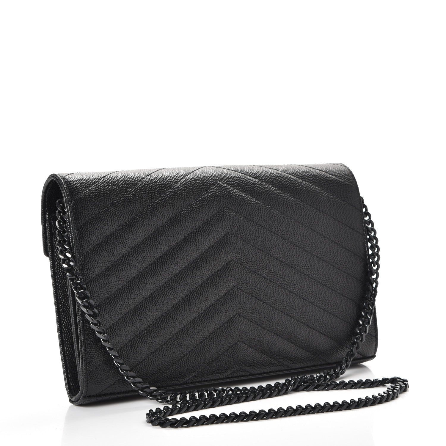 Saint Laurent Grain De Poudre Matelasse Chevron Monogram Chain Wallet Black 3 of 10