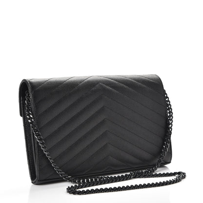 Saint Laurent Grain De Poudre Matelasse Chevron Monogram Chain Wallet Black 3 of 10
