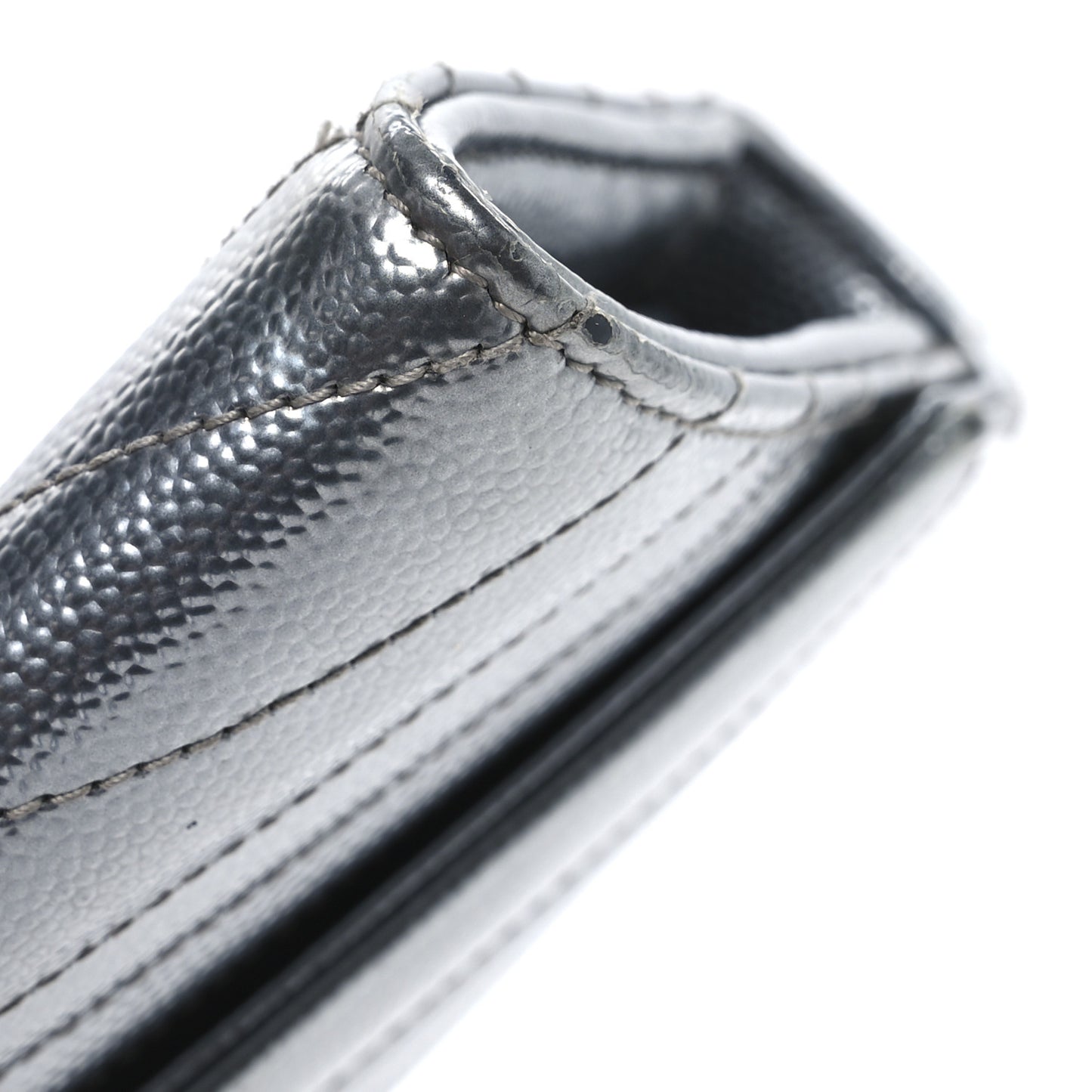 Metallic Grain De Poudre Matelasse Chevron Monogram Flap Wallet Silver