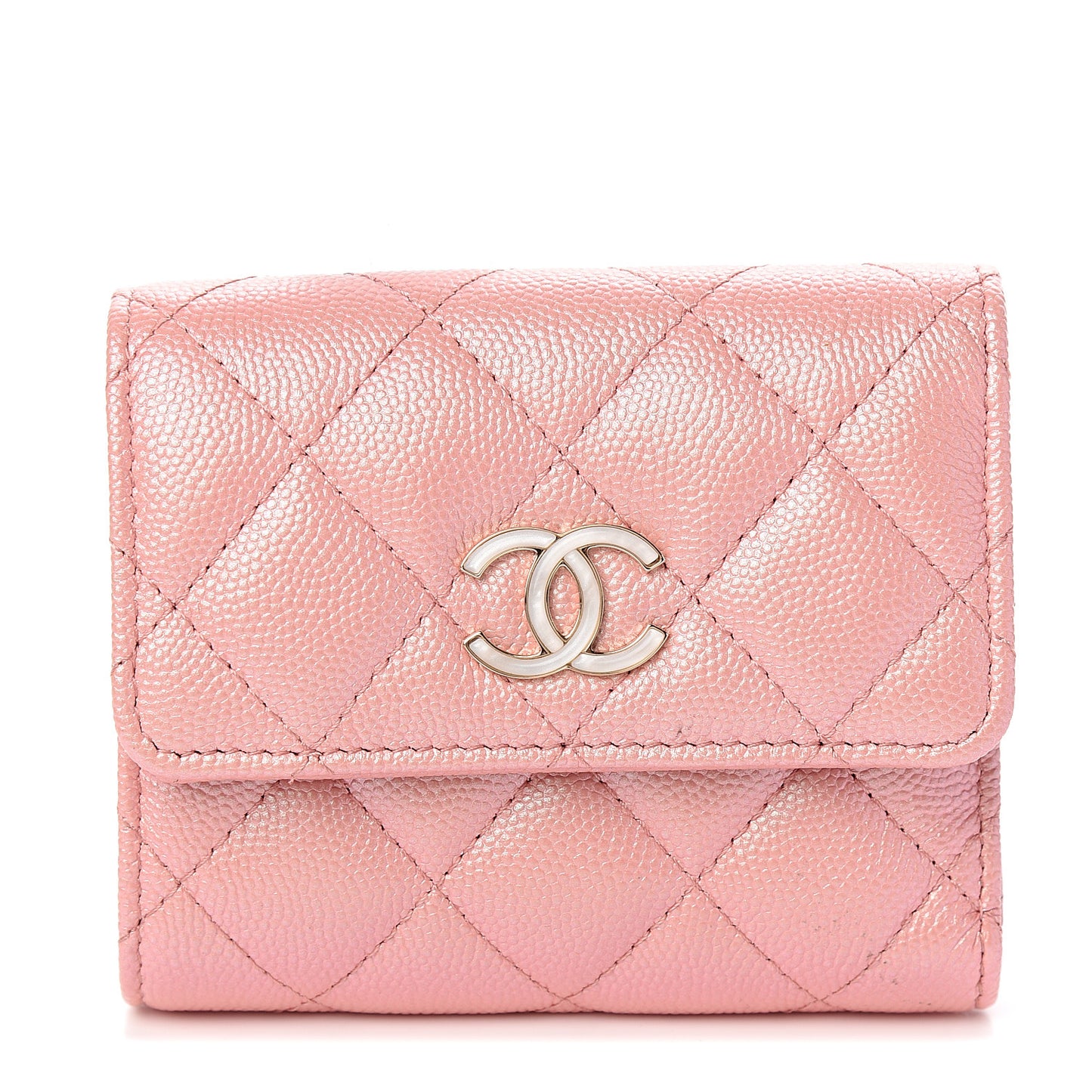 Iridescent Caviar Quilted Small Flap Wallet Rose Pink
