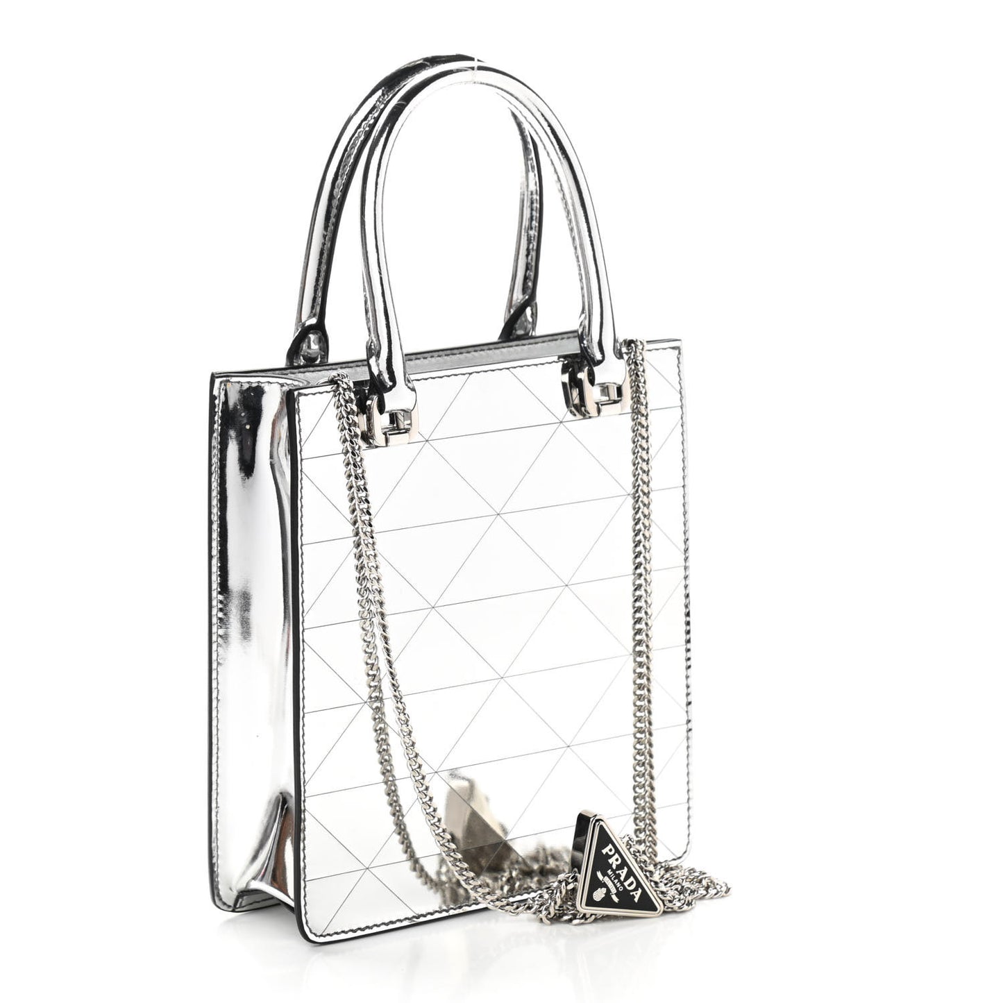 Spazzolato Metal Triangle Logo Triangle Patterned Small Double Handle Crossbody Tote Argento