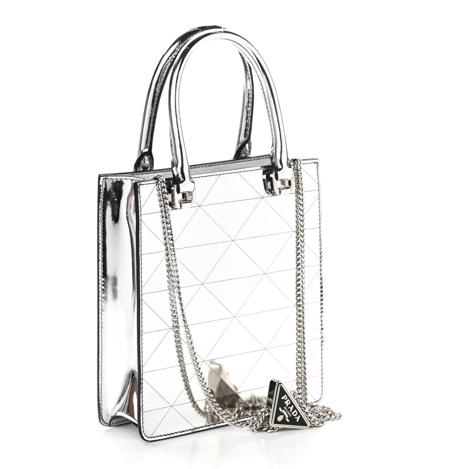 Prada Spazzolato Metal Triangle Logo Triangle Patterned Small Double Handle Crossbody Tote Argento 3 of 9