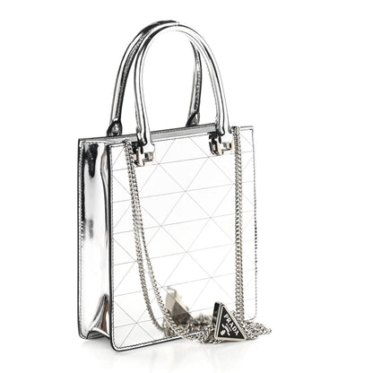 Prada Spazzolato Metal Triangle Logo Triangle Patterned Small Double Handle Crossbody Tote Argento 3 of 9