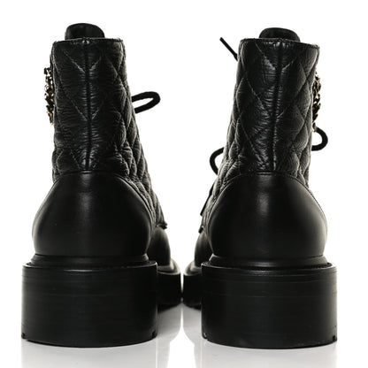 Chanel Shiny Goatskin Calfskin Quilted Lace Up Combat Boots 38 Black 6 of 13