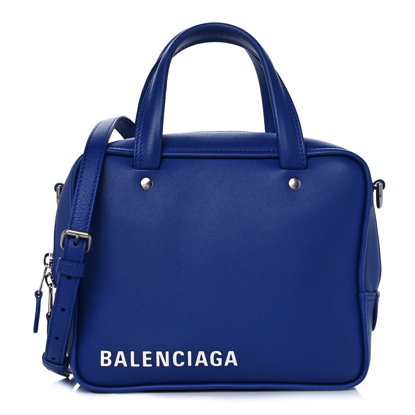 Shiny Day Calfskin Logo XS Triangle Square Bag Bleu Roi White