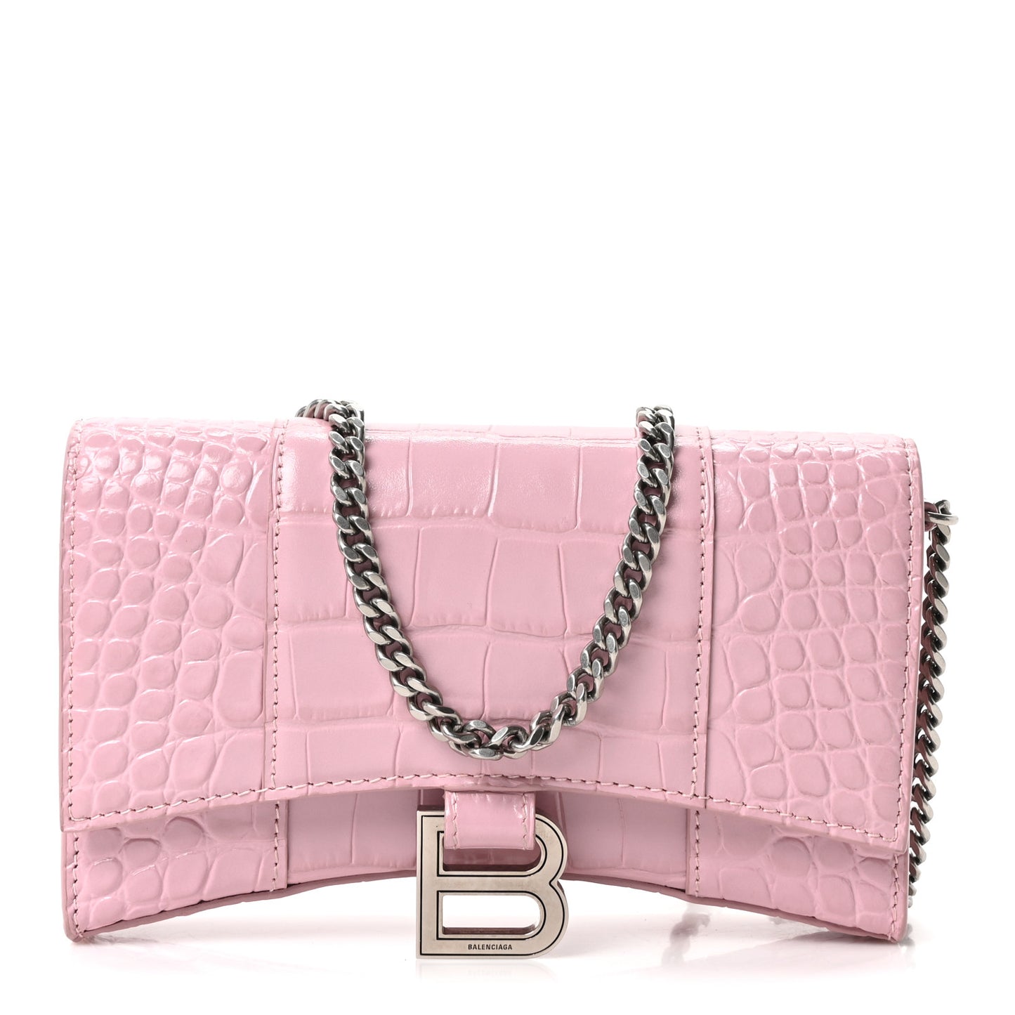 Shiny Calfskin Crocodile Embossed Hourglass Chain Bag Powder Pink