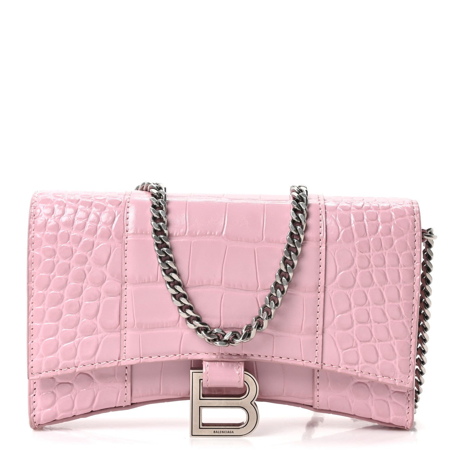 Balenciaga Shiny Calfskin Crocodile Embossed Hourglass Chain Bag Powder Pink 1 of 9