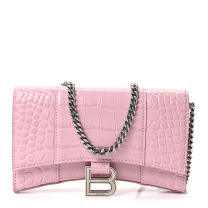 Balenciaga Shiny Calfskin Crocodile Embossed Hourglass Chain Bag Powder Pink 1 of 9