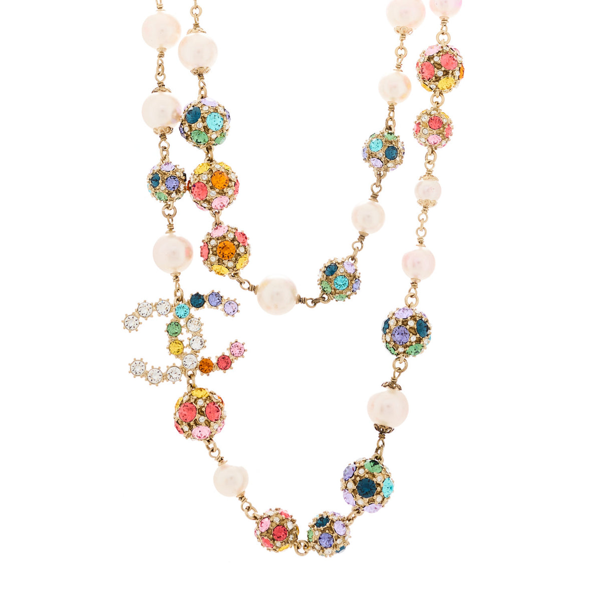 Chanel Pearl Crystal CC Long Strand Necklace Gold Multicolor 1 of 4