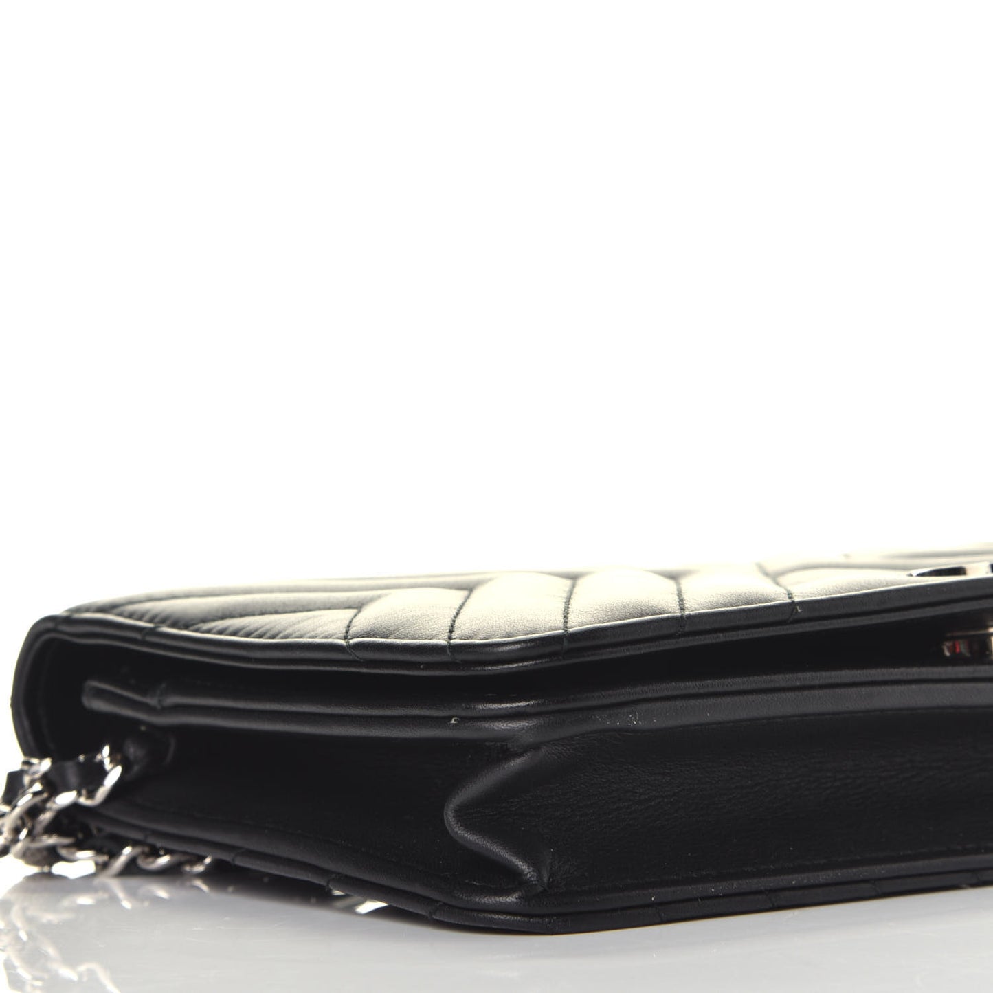 Calfskin Diagonal Chevron Quilted Tassel Wallet On Chain WOC Black