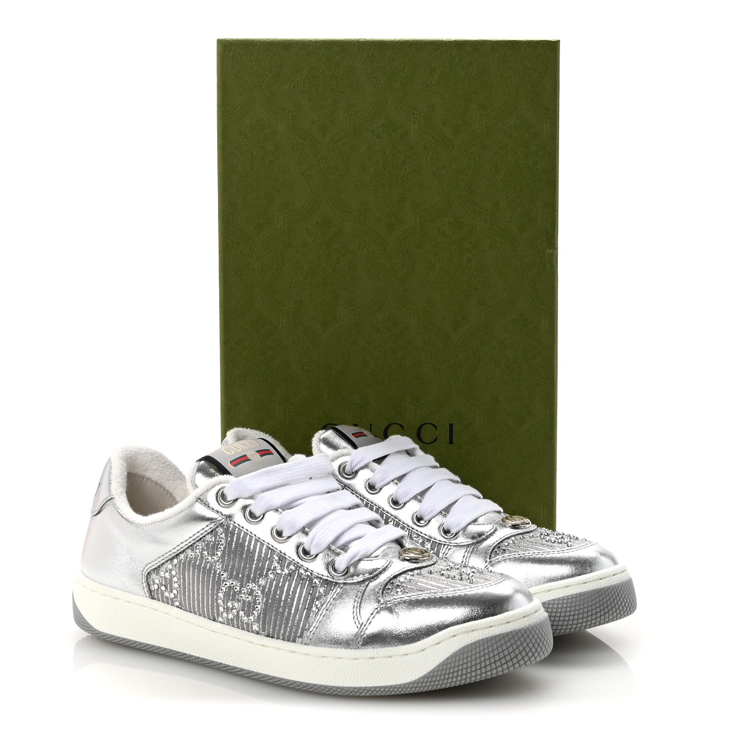 Gucci Metallic Nappa Silk Crystals Womens Screener Sneakers 36.5 Silver Light Grey 9 of 9