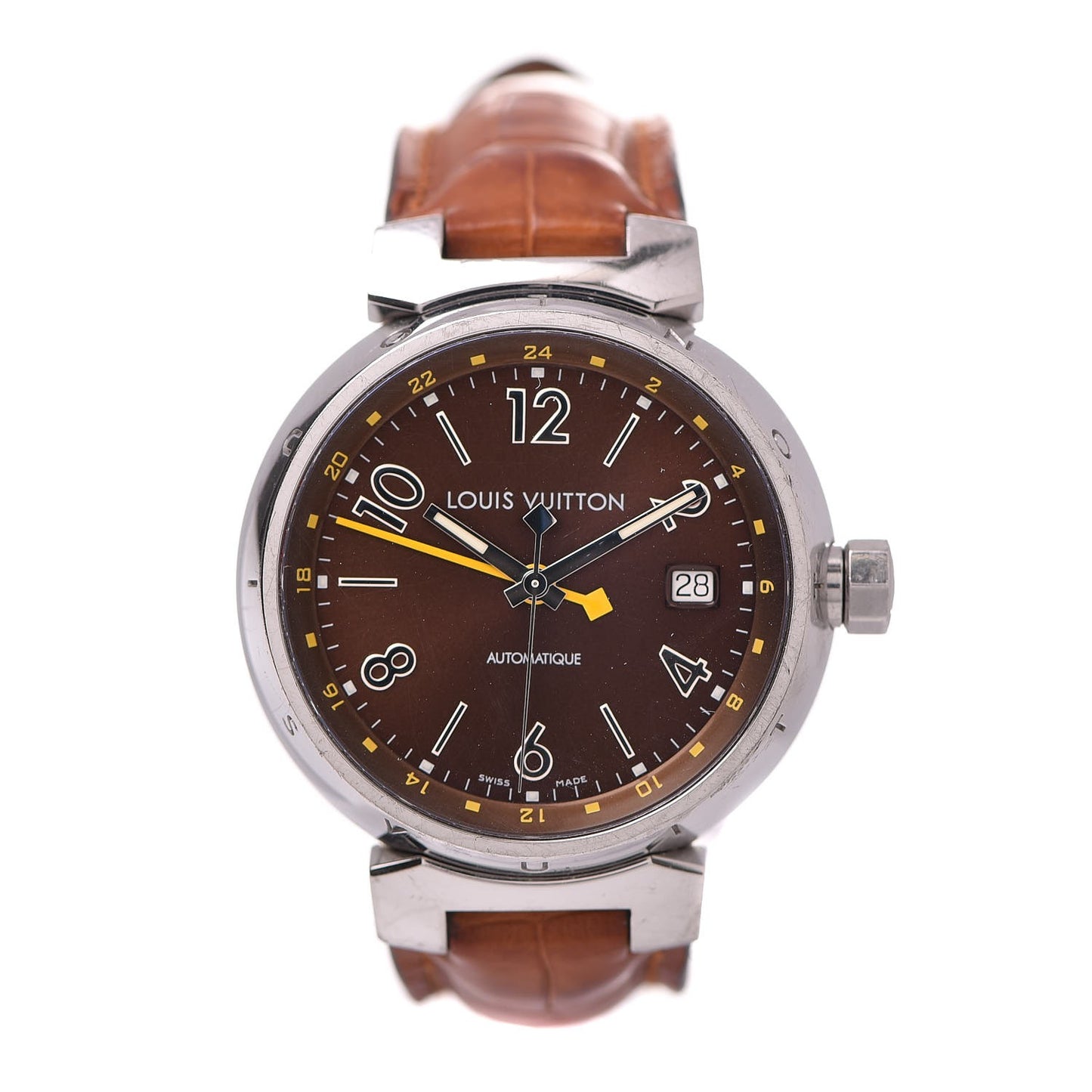 Stainless Steel Alligator 39mm Tambour GMT Automatic Watch Brown