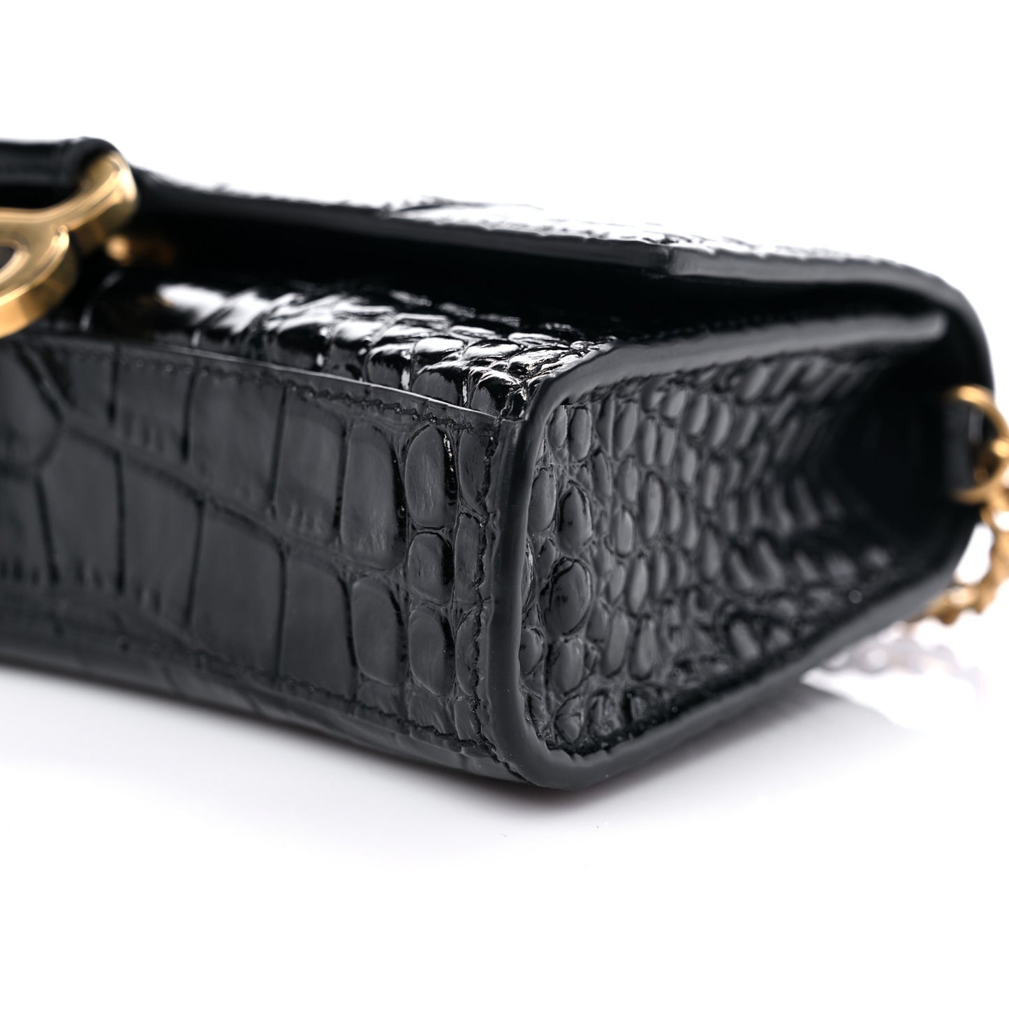 Shiny Calfskin Crocodile Embossed Hourglass Chain Bag Black