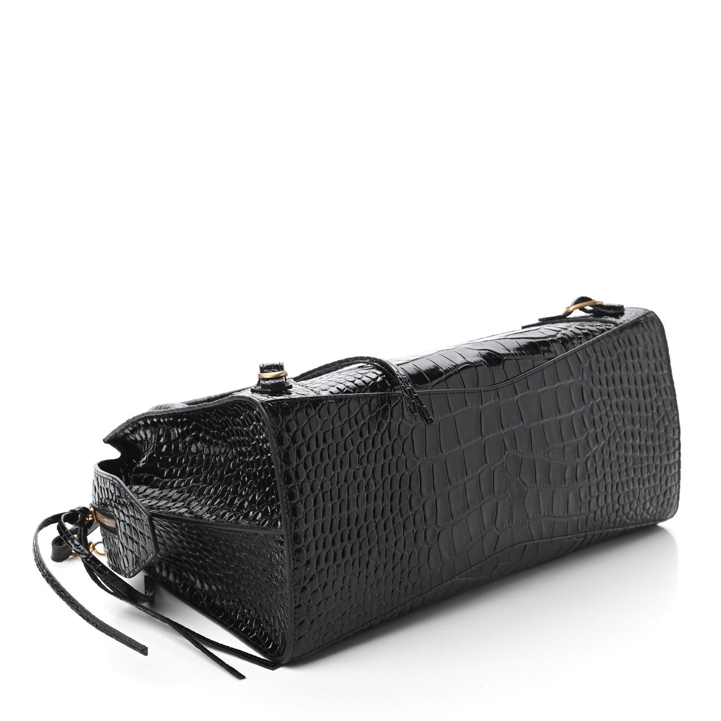 Shiny Supple Calfskin Crocodile Embossed Brass Hardware Neo Classic City Black