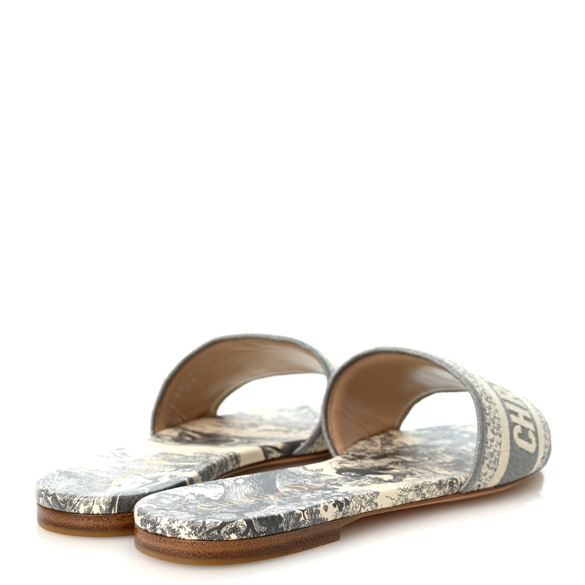Canvas Toile De Jouy Embroidered Dway Flat Slide Sandals 37.5 Light Grey