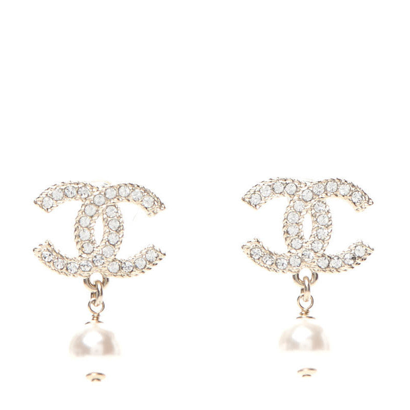 Chanel Crystal Pearl CC Drop Earrings Gold 1 of 5