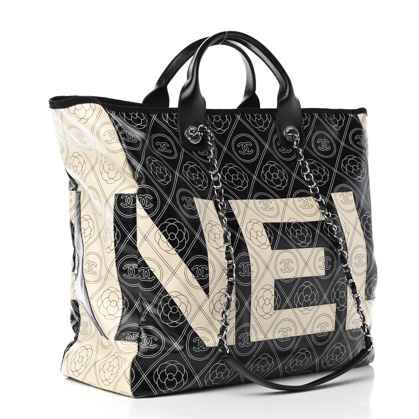Coated Canvas Camellia Medium Shopping Tote Black Beige