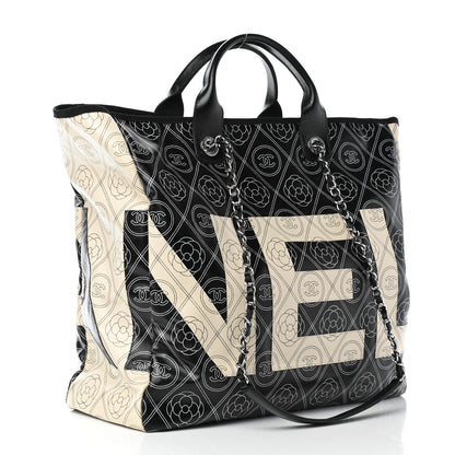 Chanel Coated Canvas Camellia Medium Shopping Tote Black Beige 3 of 10