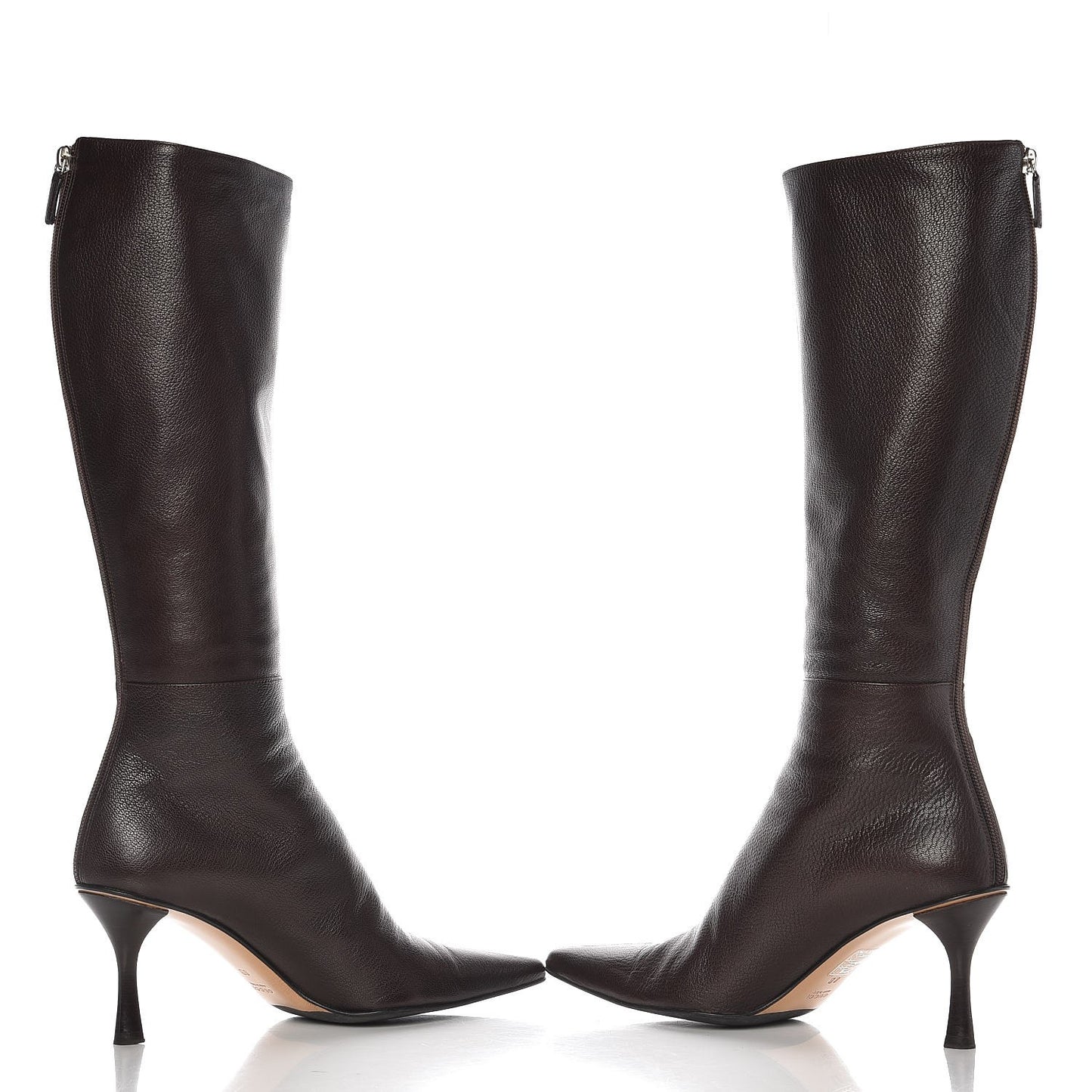 Grained Calfskin Pointed Toe Knee High Boots 8 Brown