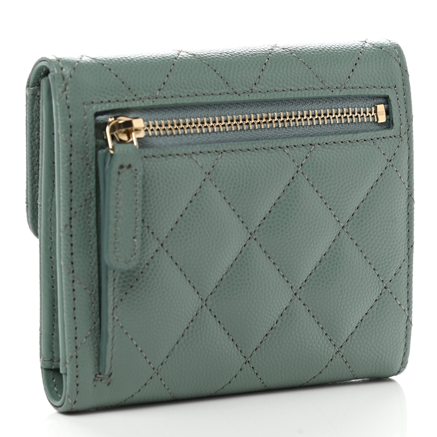 Metallic Caviar Quilted Compact Flap Wallet Dark Green
