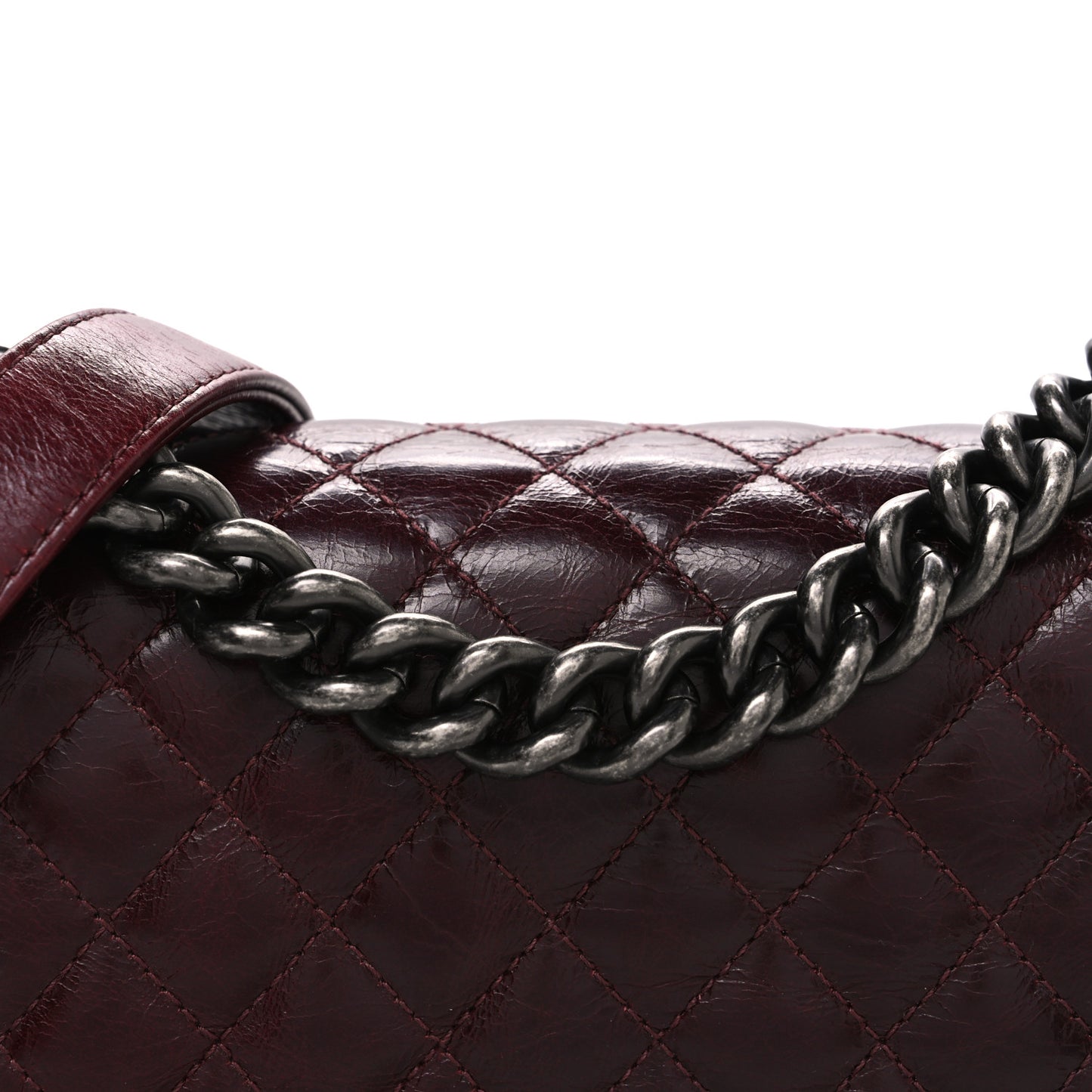 Glazed Calfskin Quilted Small Boy Chained Flap Burgundy