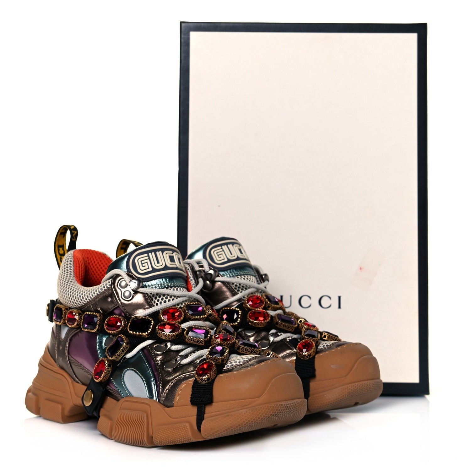 Gucci X SEGA Metallic Calfskin Mesh Removable Crystals Womens Flashtrek Sneakers 39.5 Rame Mystic White Lago 10 of 10