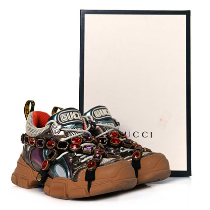 Gucci X SEGA Metallic Calfskin Mesh Removable Crystals Womens Flashtrek Sneakers 39.5 Rame Mystic White Lago 10 of 10
