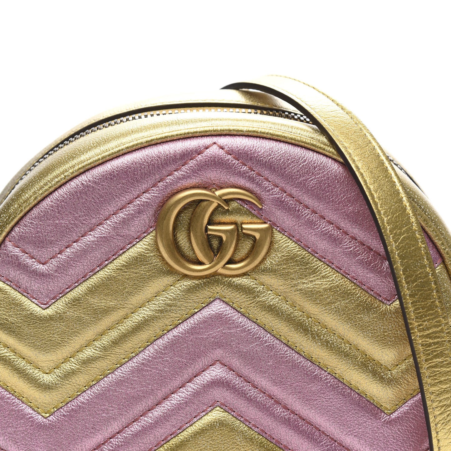 Metallic Calfskin Matelasse Mini GG Marmont Round Shoulder Bag Gold Pink