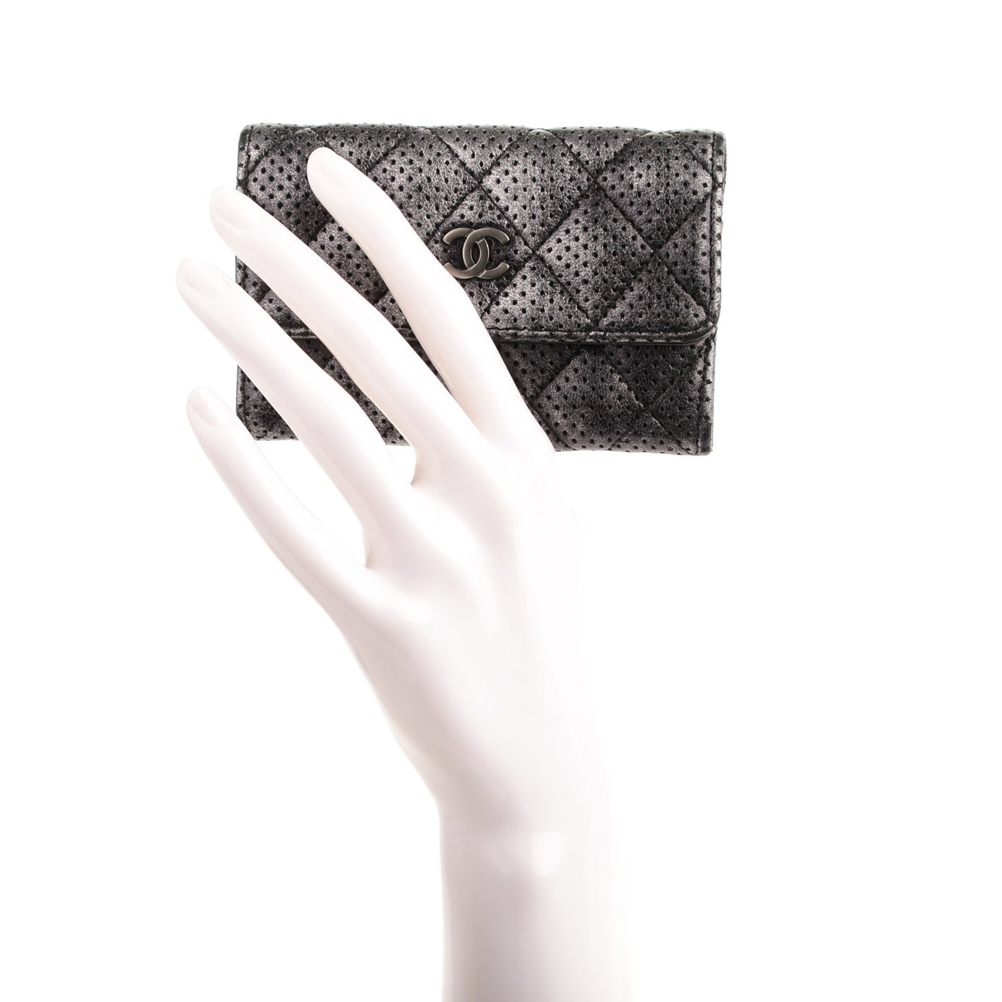 Metallic Calfskin Perforated Quilted Card Holder Grey