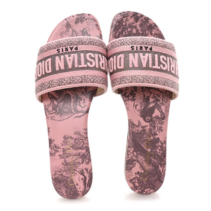 Christian Dior Canvas Toile De Jouy Embroidered Dway Flat Slide Sandals 37 Chateau Rose 2 of 10