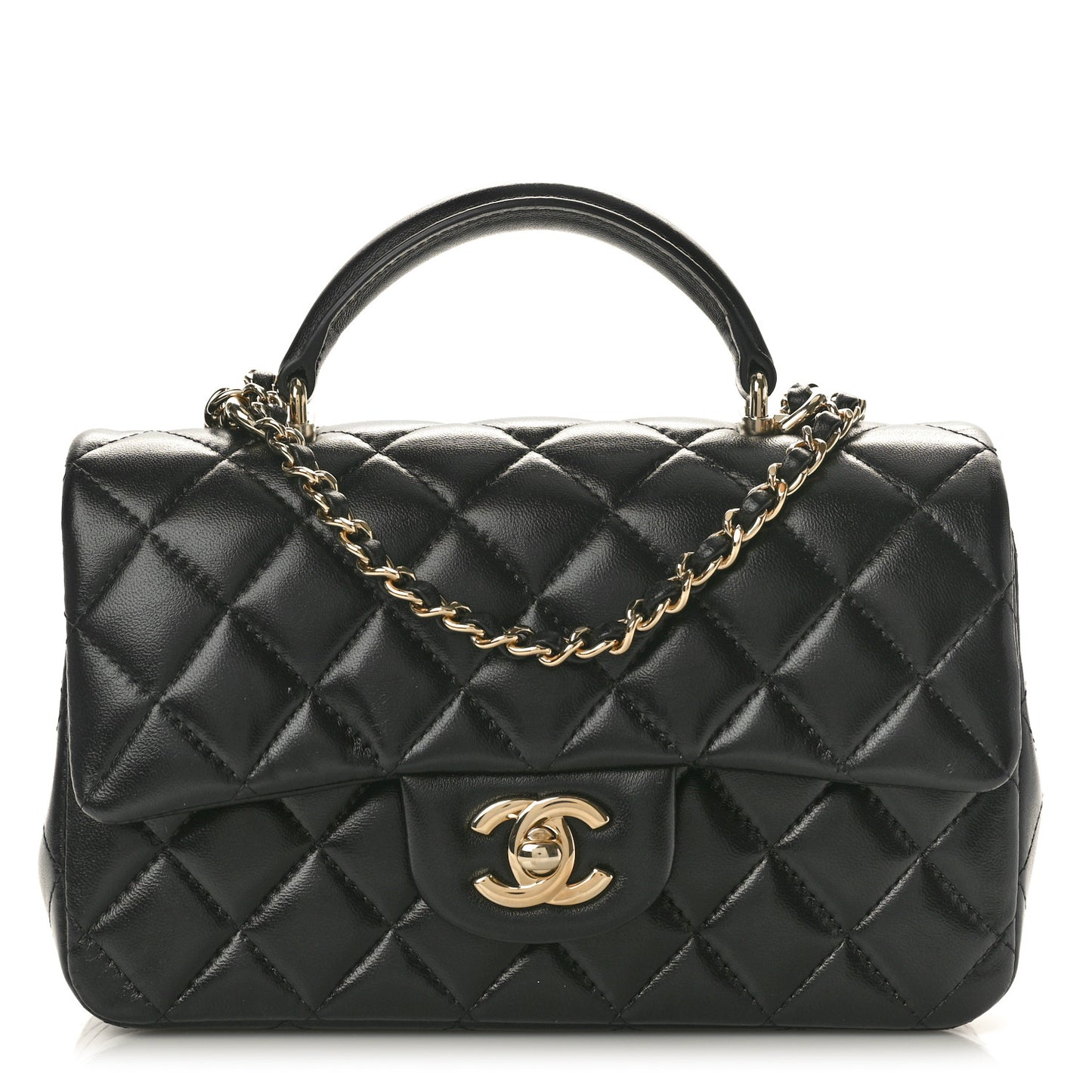 Lambskin Quilted Mini Top Handle Rectangular Flap Black