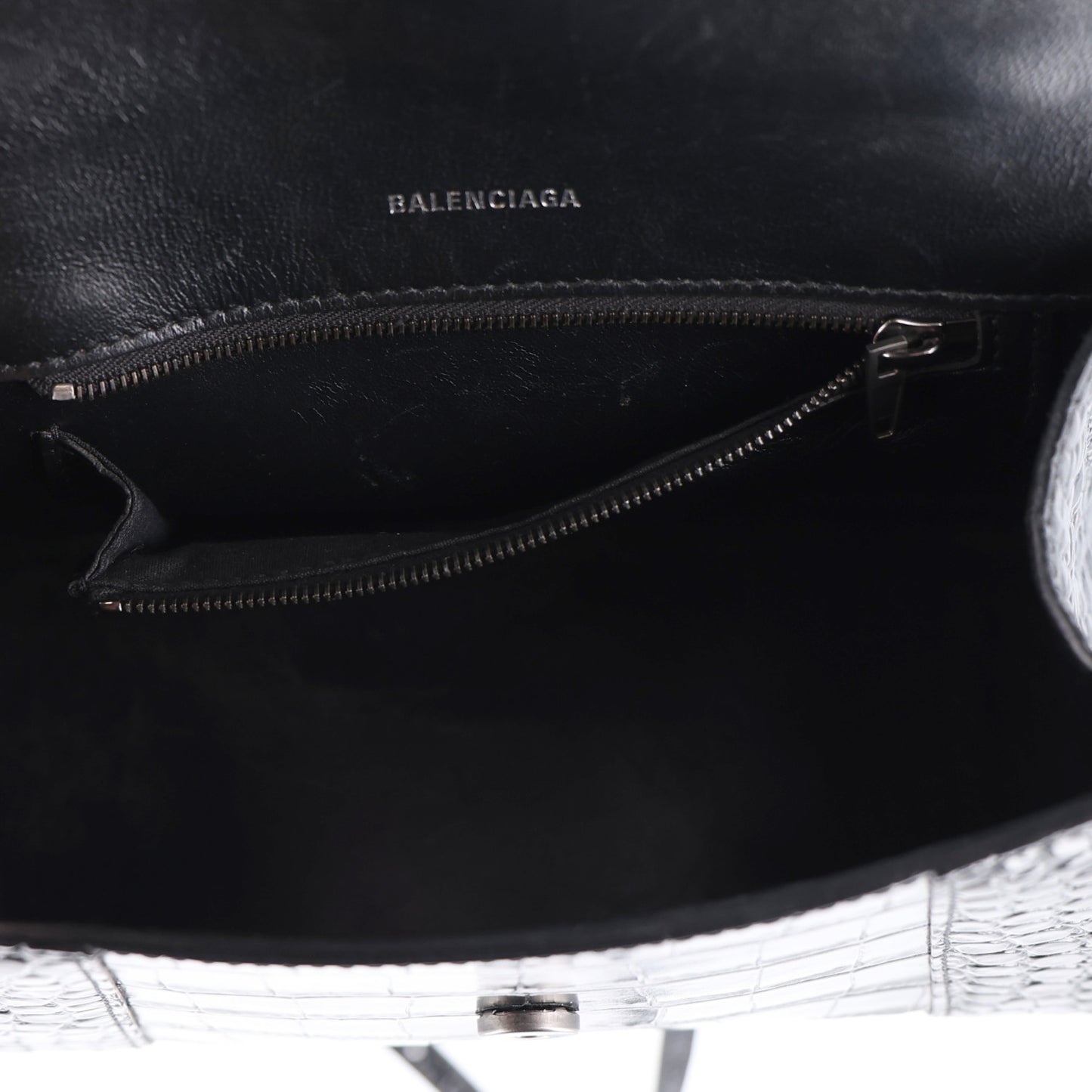 Shiny Calfskin Monochrome Crocodile Embossed Small Hourglass Top Handle Bag Black