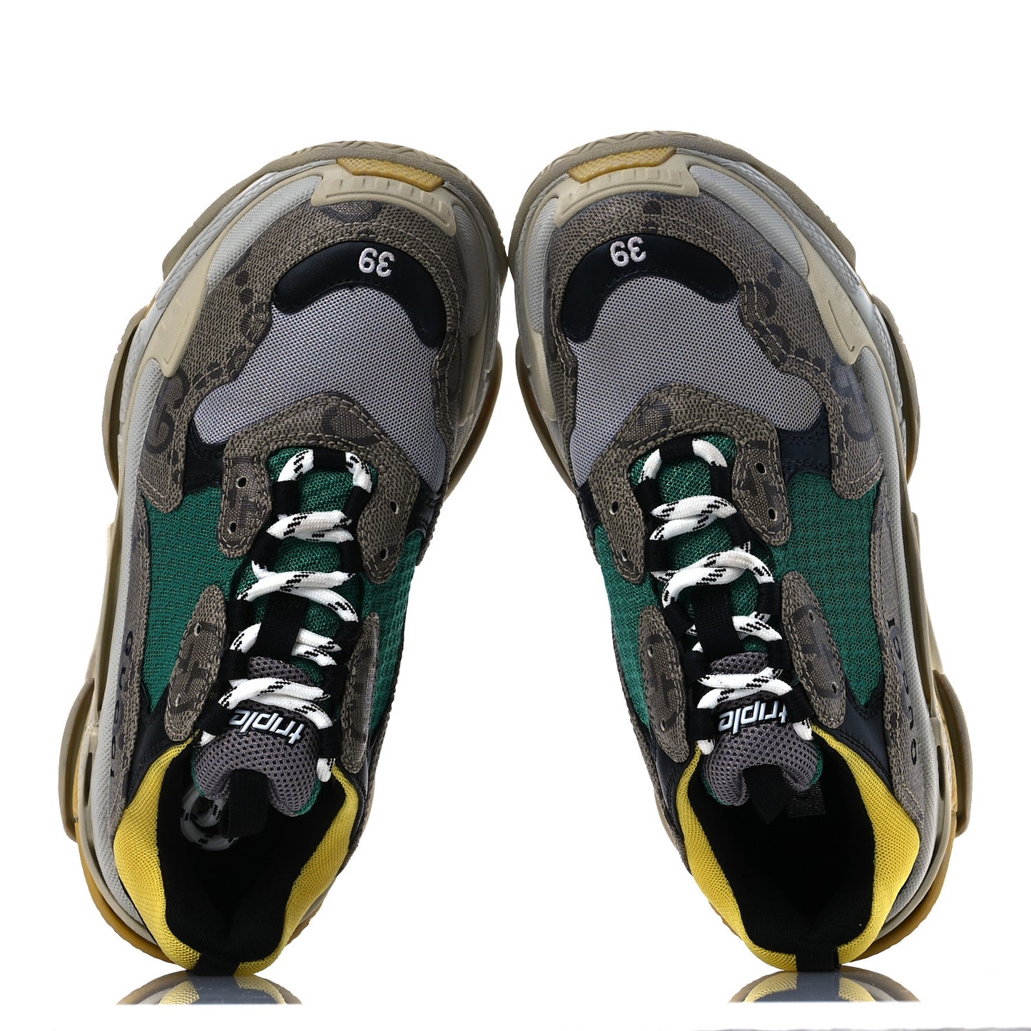 X GUCCI Maxi GG Supreme Monogram Womens Triple S Sneakers 39 Beige Ebony Black Green