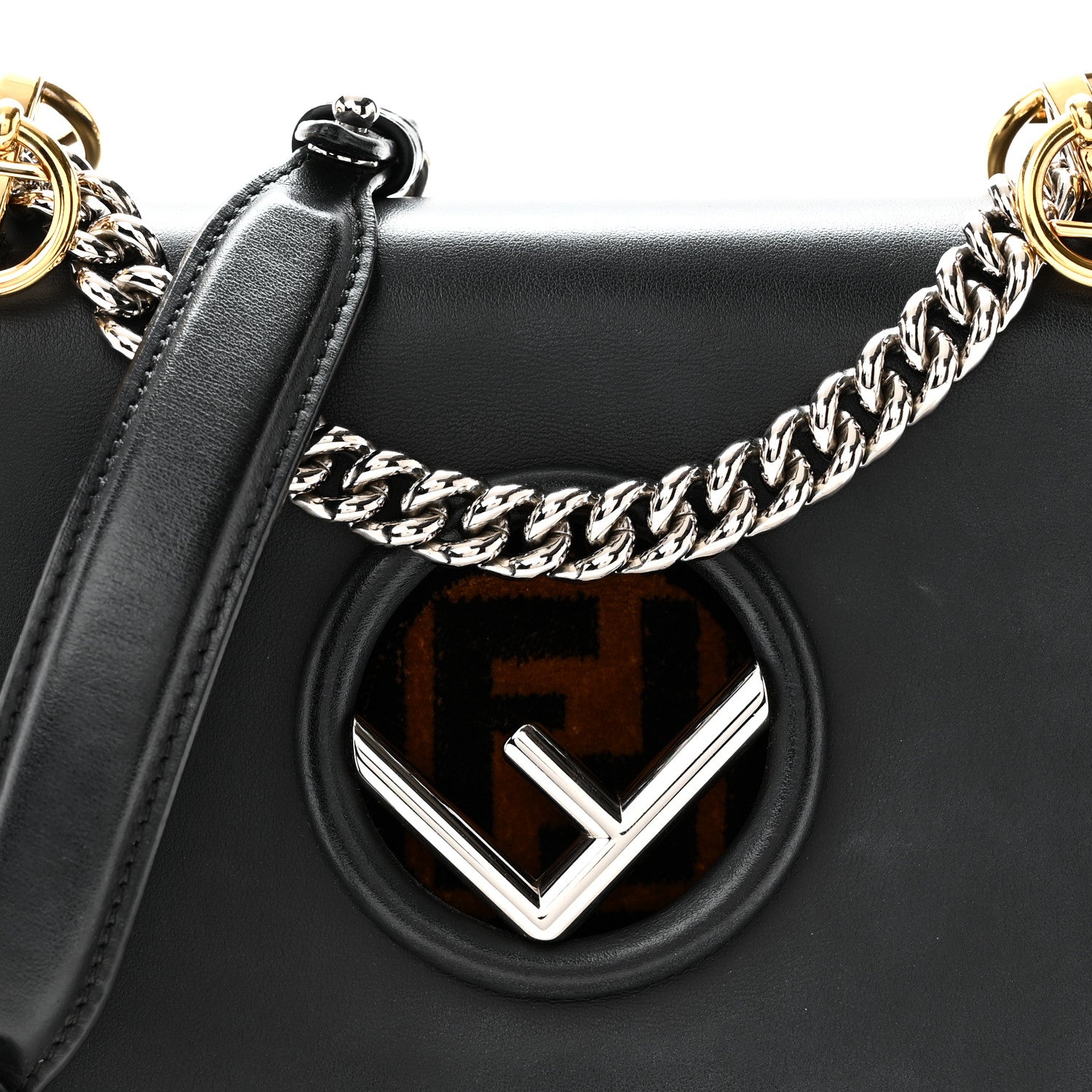 Fendi Vitello Century Velvet F is Fendi FF Small Kan I Shoulder Bag Black Tobacco 8 of 10