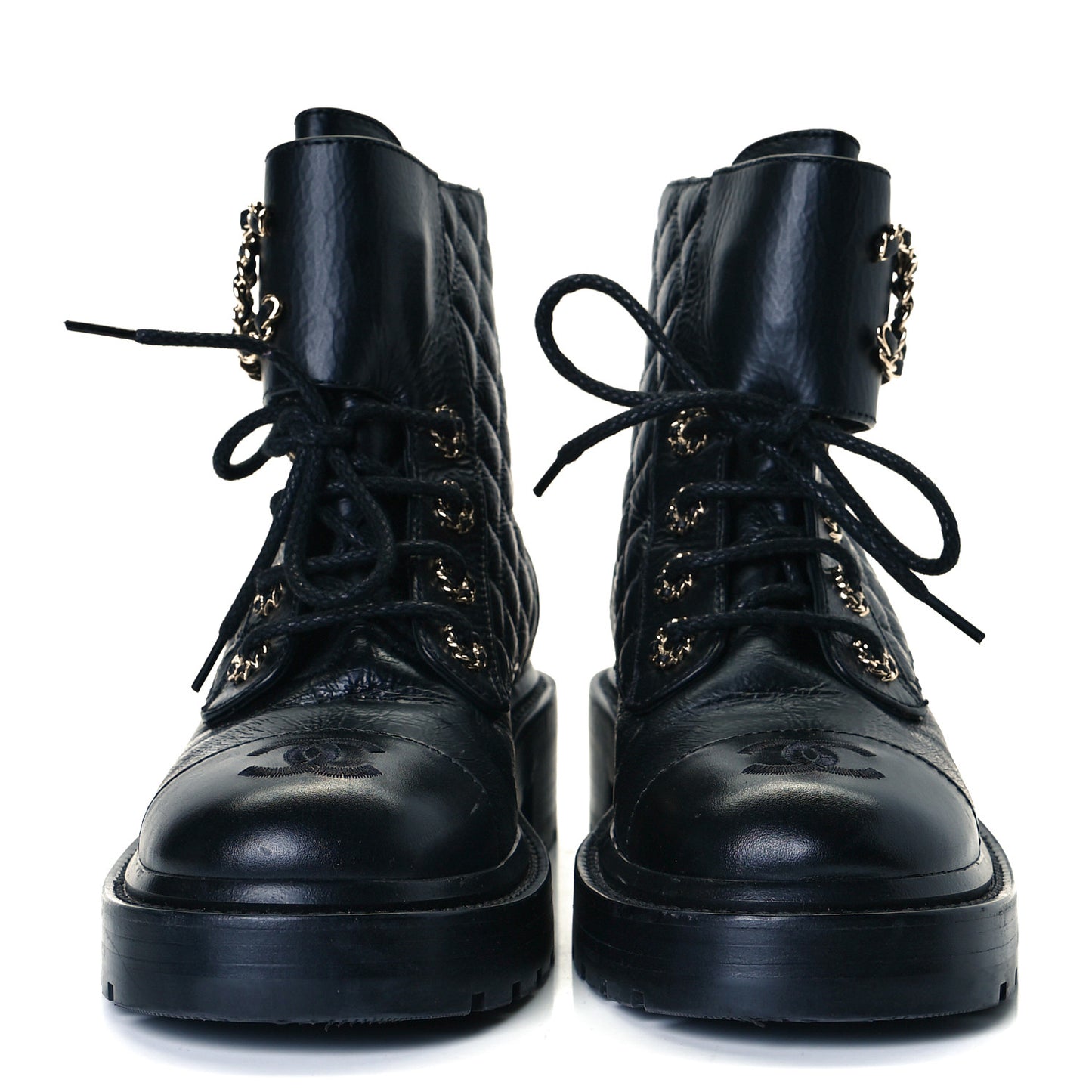 Shiny Goatskin Calfskin Quilted Lace Up Combat Boots 36.5 Black