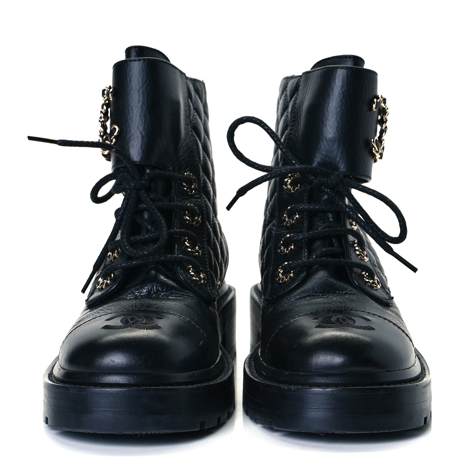 Chanel Shiny Goatskin Calfskin Quilted Lace Up Combat Boots 36.5 Black 3 of 9