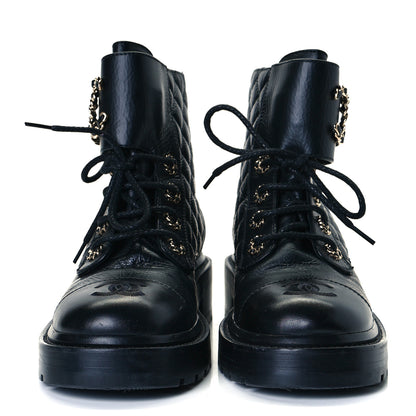 Chanel Shiny Goatskin Calfskin Quilted Lace Up Combat Boots 36.5 Black 3 of 9