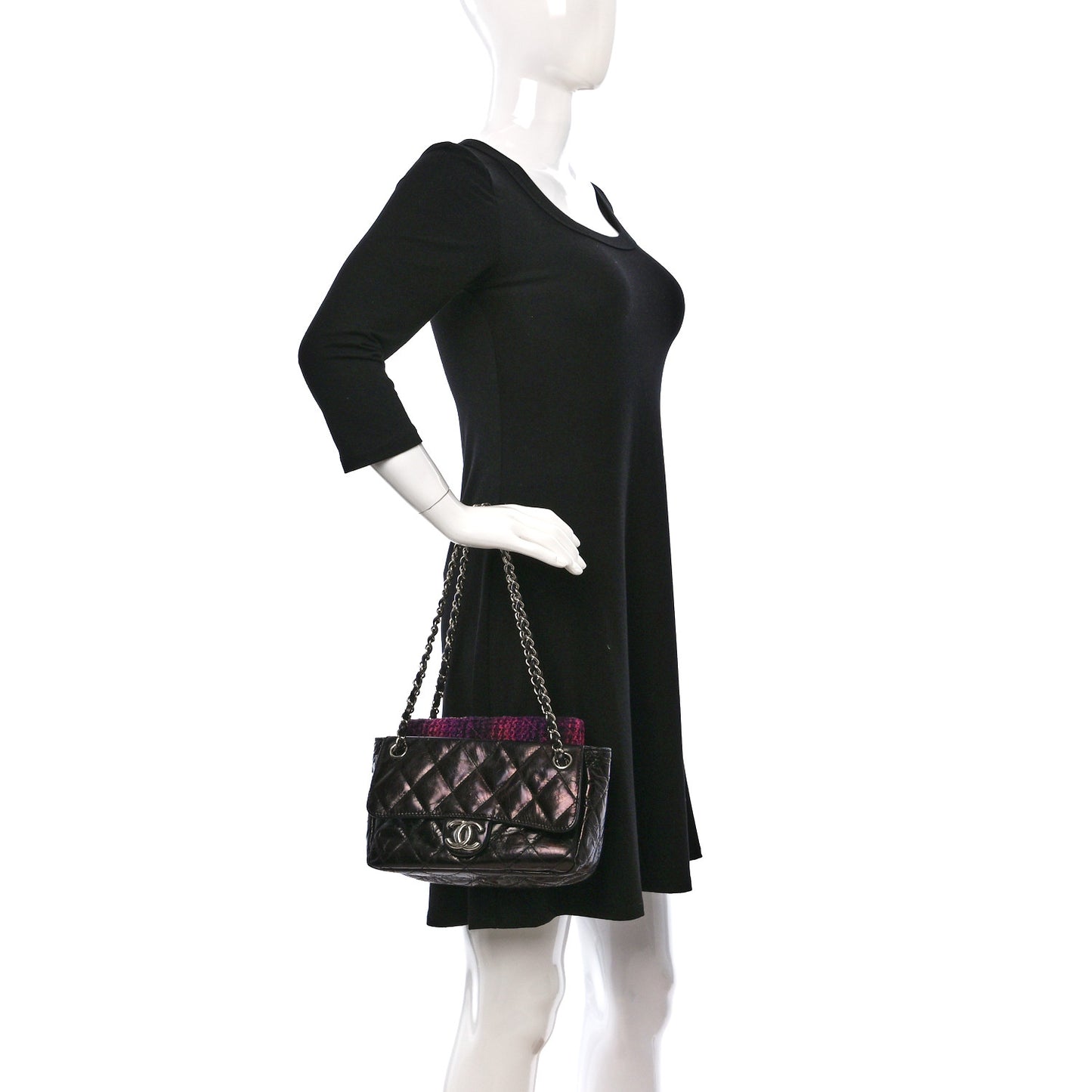 Glazed Calfskin Quilted Tweed Portobello Flap Black Pink