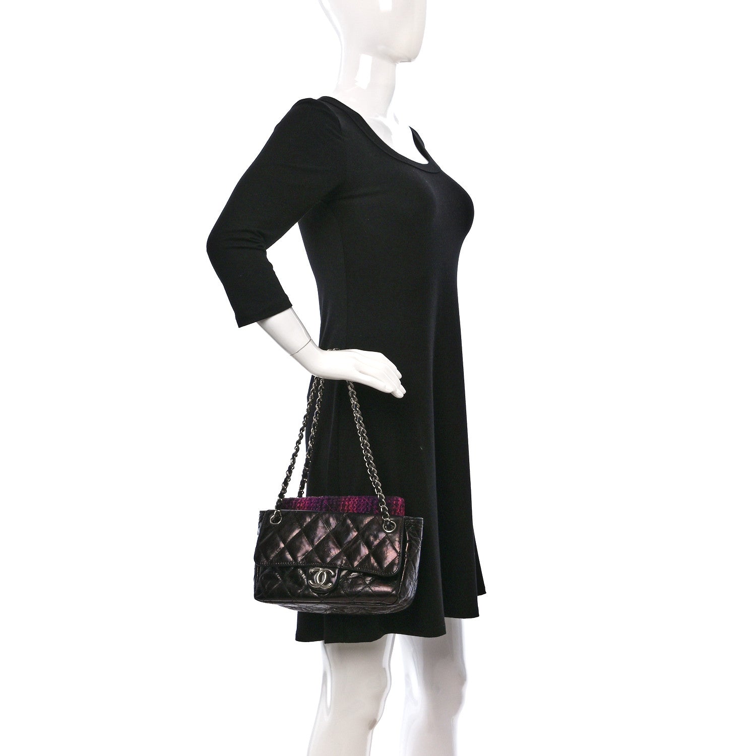 Chanel Glazed Calfskin Quilted Tweed Portobello Flap Black Pink 2 of 9