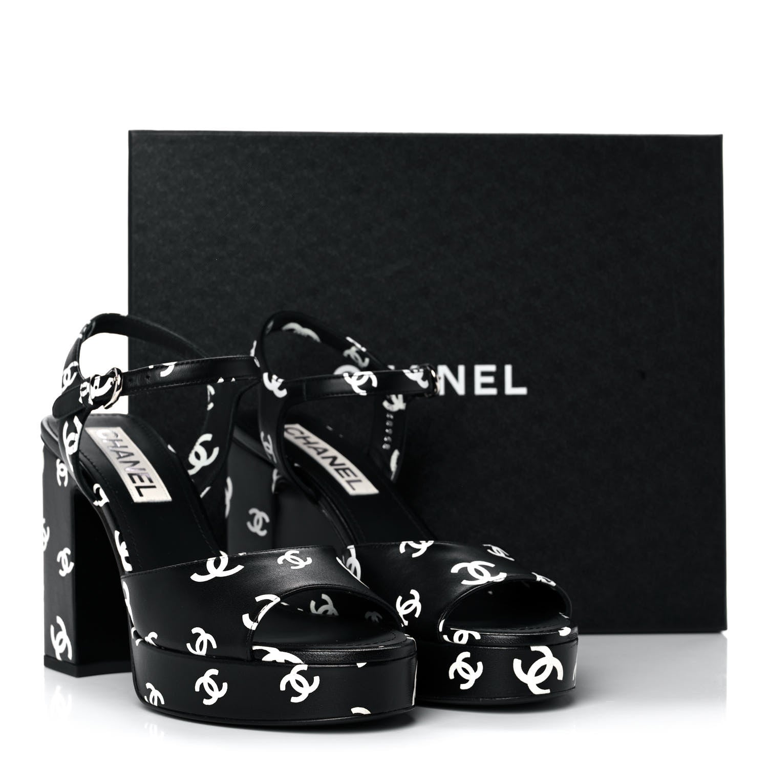 Chanel Printed Lambskin Coco Beach Platform Sandals 39 Black White 9 of 9