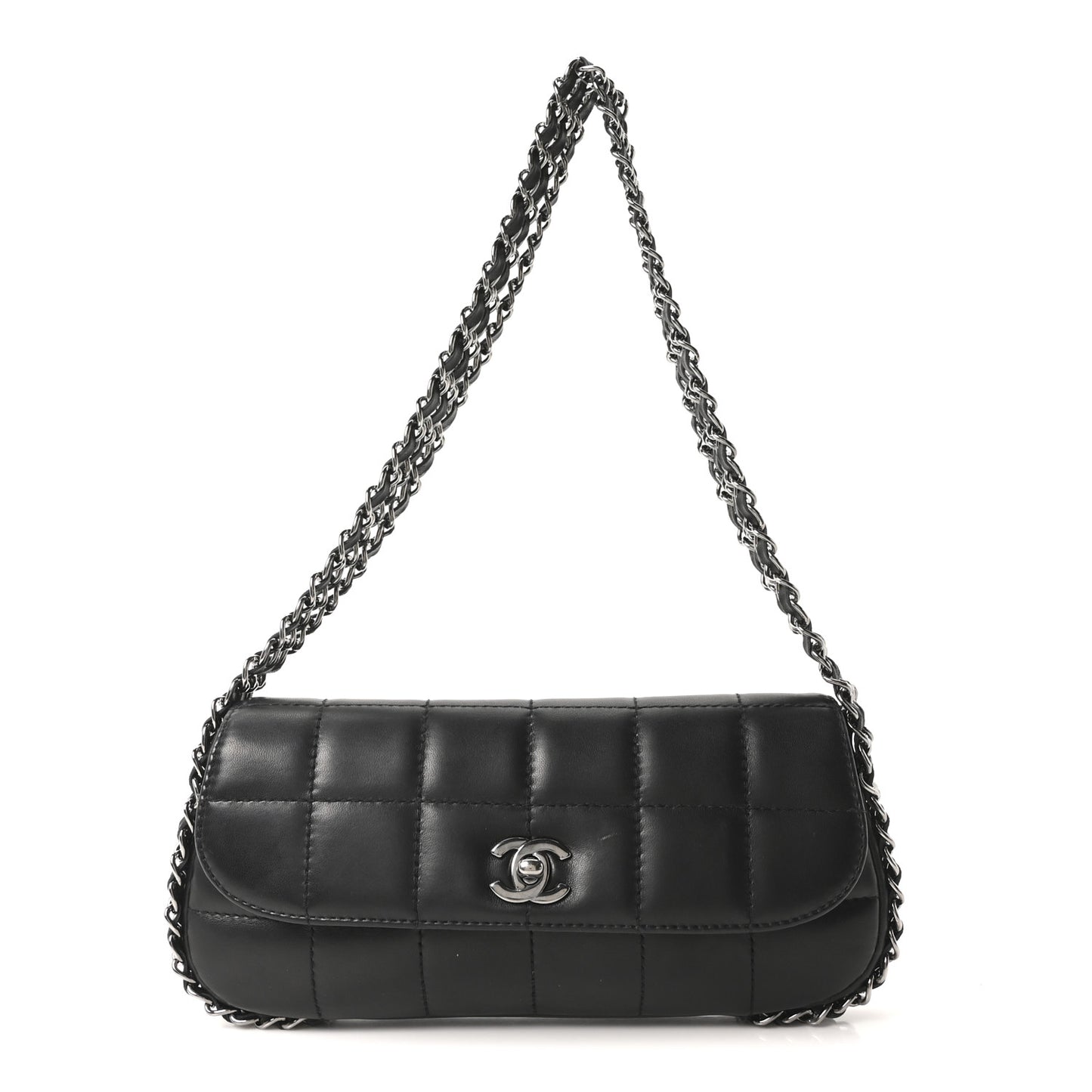 Lambskin Chocolate Bar Quilted Lambskin 3 Chain Flap Black