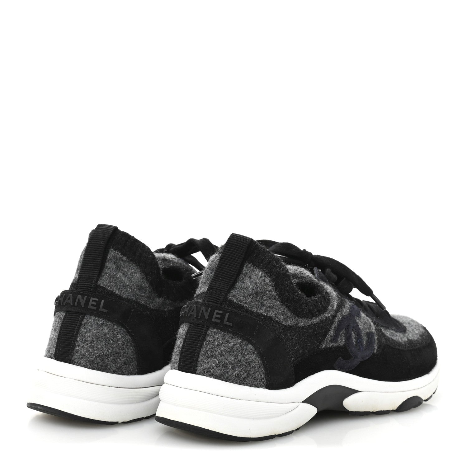 Chanel Knit Fabric Suede Calfskin Womens CC Sneakers 38 Grey Black 5 of 9
