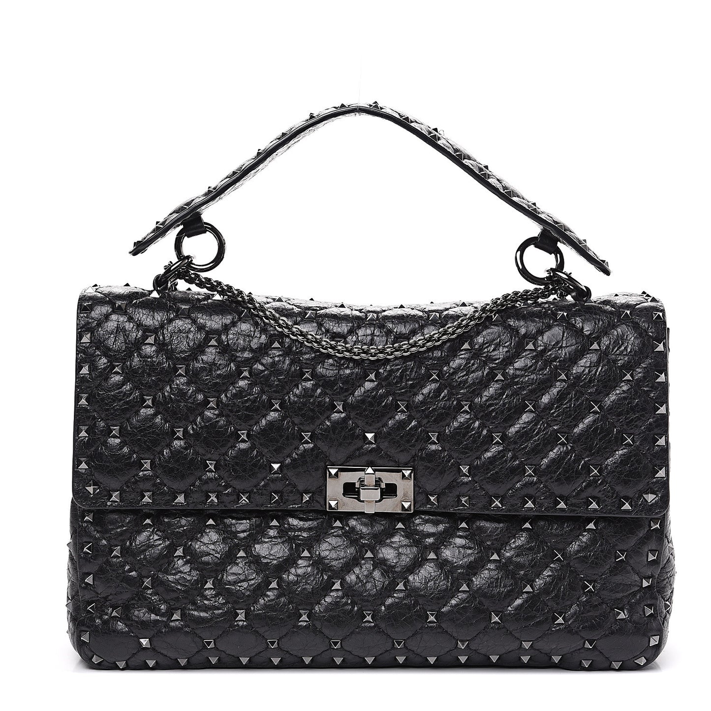 Craquele Nappa Large Rockstud Spike Shoulder Bag Black
