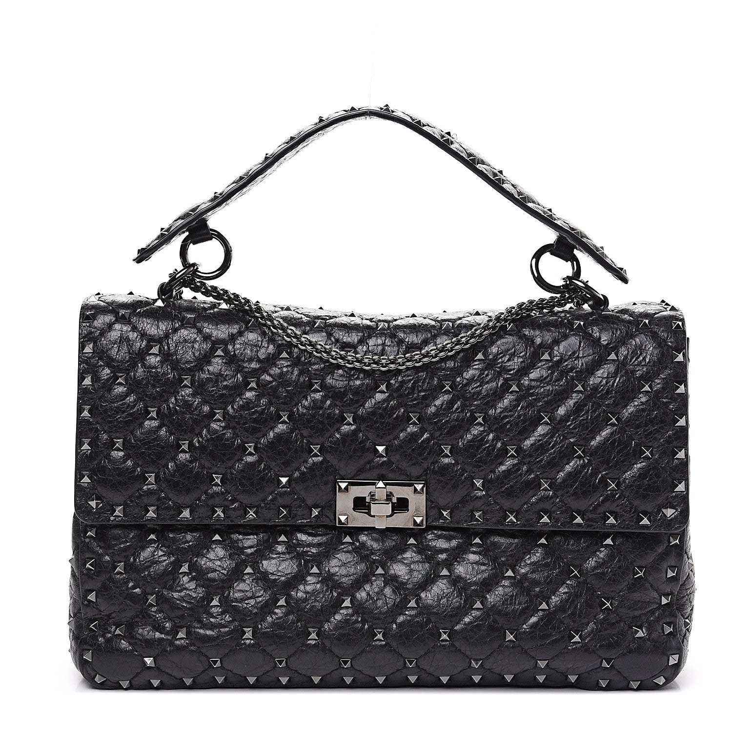 Valentino Garavani Craquele Nappa Large Rockstud Spike Shoulder Bag Black 1 of 10