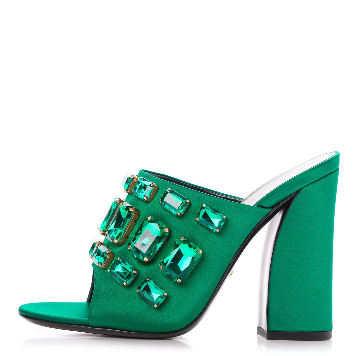 Silk Satin Crystal Embellished High Heel Slide Sandals 39.5 Emerald