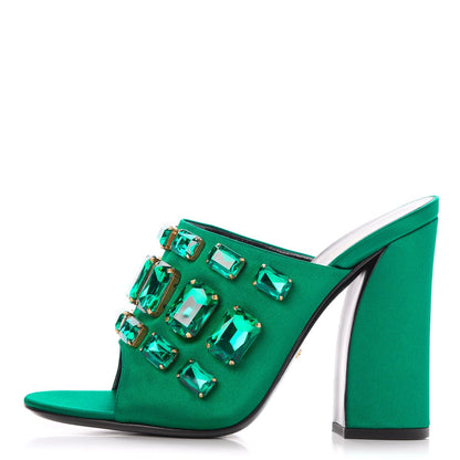 Gucci Silk Satin Crystal Embellished High Heel Slide Sandals 39.5 Emerald 1 of 9