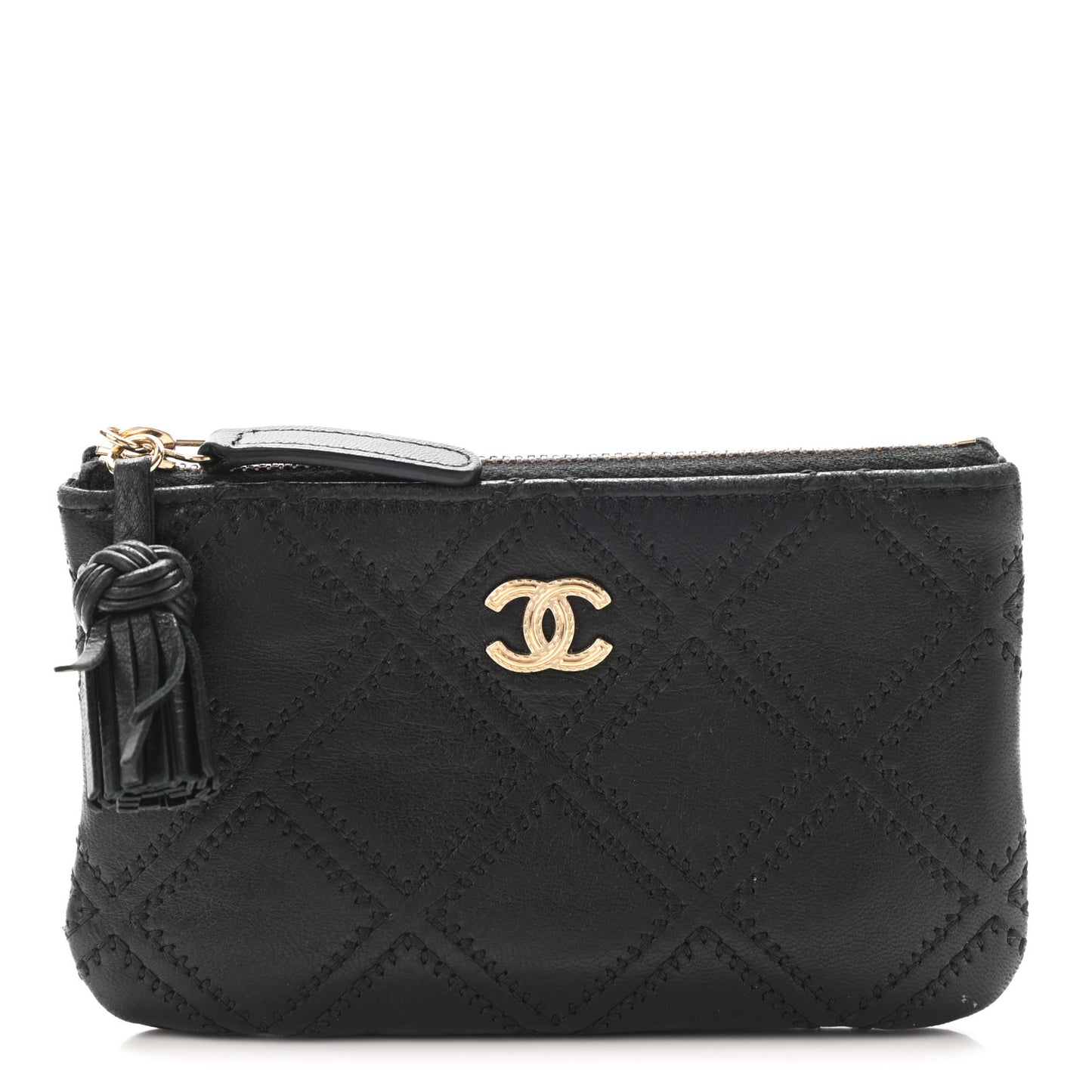 Lambskin Stitched Small Cosmetic Case Black