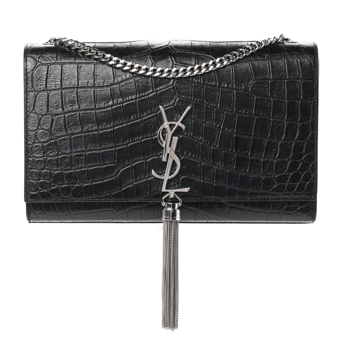 Calfskin Crocodile Embossed Medium Classic Monogram Kate Tassel Satchel Black