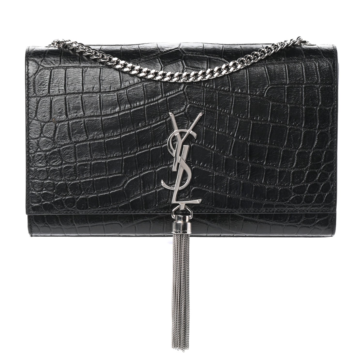 Saint Laurent Calfskin Crocodile Embossed Medium Classic Monogram Kate Tassel Satchel Black 1 of 8